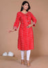 Miravan Womens Festive Wear Red Bandhani Printed Straight Kurti