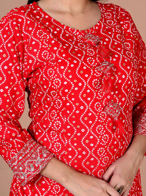 Miravan Womens Festive Wear Red Bandhani Printed Straight Kurti