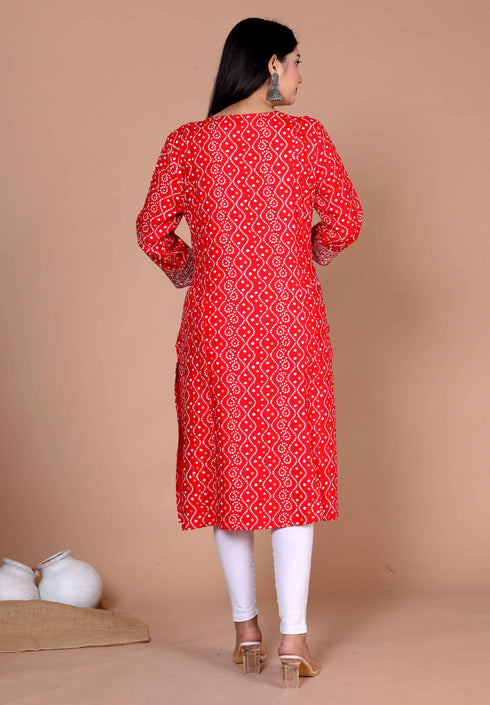 Miravan Womens Festive Wear Red Bandhani Printed Straight Kurti
