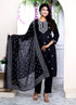 Miravan Womens Black Embroidery Straight Kurta with Palazzo and Dupatta