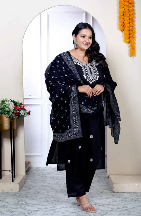 Miravan Womenns Plus Size Black Embroidery Straight Kurta with Palazzo and Dupatta Set