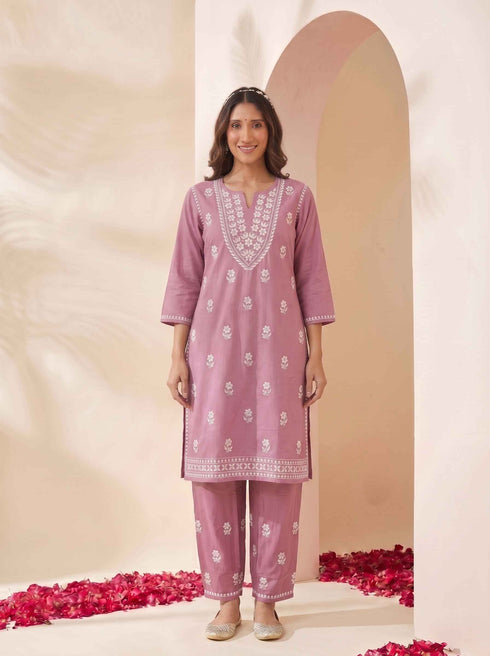 Miravan Womens Chikankari Embroidery Pink Straight Kurta And Palazzo Set