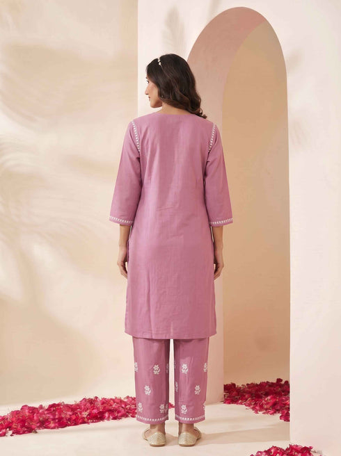 Miravan Womens Chikankari Embroidery Pink Straight Kurta And Palazzo Set
