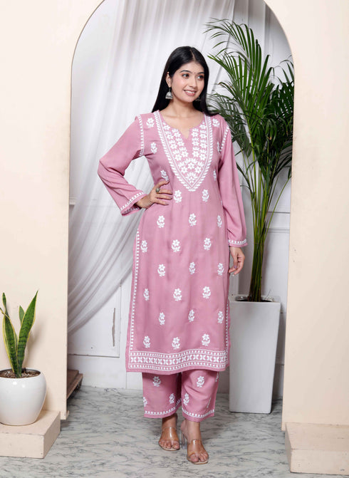 Miravan Womens Chikankari Embroidery Pink Straight Kurta and Palazzo Set