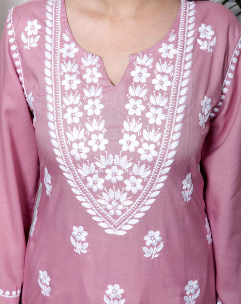 Miravan Womens Chikankari Embroidery Pink Straight Kurta and Palazzo Set