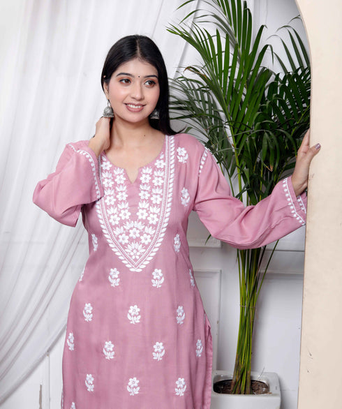 Miravan Womens Chikankari Embroidery Pink Straight Kurta and Palazzo Set