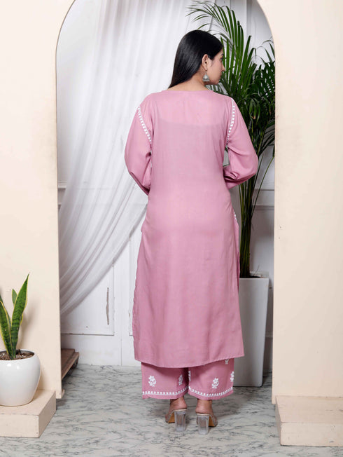 Miravan Womens Chikankari Embroidery Pink Straight Kurta and Palazzo Set