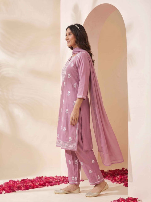 Miravan Womens Chikankari Embroidery Pink Straight Kurta And Palazzo With Dupatta Set