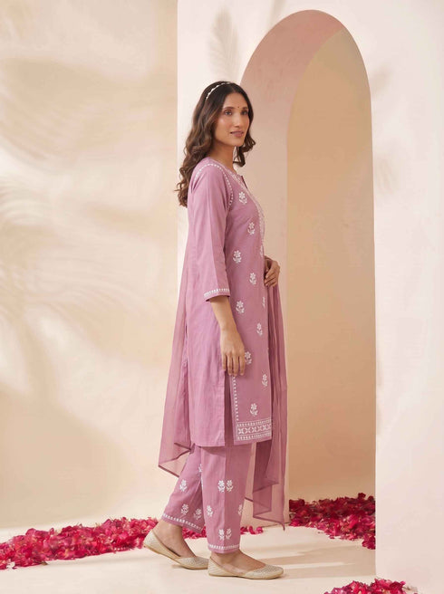 Miravan Womens Chikankari Embroidery Pink Straight Kurta And Palazzo With Dupatta Set