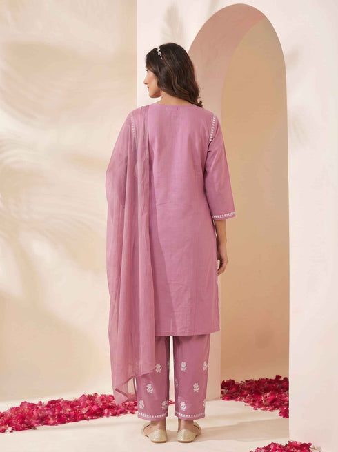 Miravan Womens Chikankari Embroidery Pink Straight Kurta And Palazzo With Dupatta Set