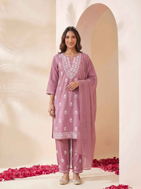 Miravan Womens Chikankari Embroidery Pink Straight Kurta And Palazzo With Dupatta Set