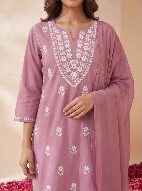 Miravan Womens Chikankari Embroidery Pink Straight Kurta And Palazzo With Dupatta Set