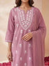 Miravan Womens Chikankari Embroidery Pink Straight Kurta And Palazzo With Dupatta Set
