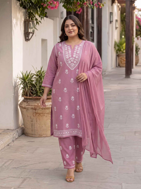 Miravan Womens Plus Size Chikankari Embroidery Pink Straight Kurta And Palazzo With Dupatta Set
