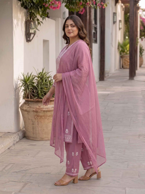 Miravan Womens Plus Size Chikankari Embroidery Pink Straight Kurta And Palazzo With Dupatta Set