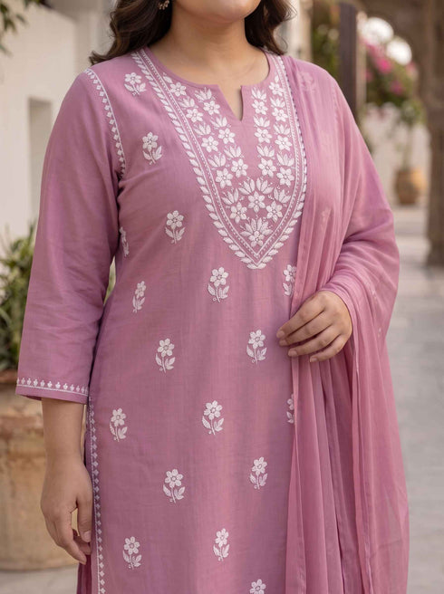 Miravan Womens Plus Size Chikankari Embroidery Pink Straight Kurta And Palazzo With Dupatta Set