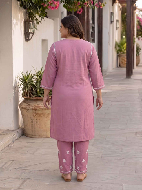 Miravan Womens Plus Size Chikankari Embroidery Pink Straight Kurta And Palazzo Set