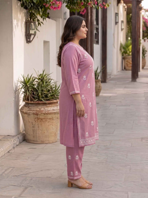 Miravan Womens Plus Size Chikankari Embroidery Pink Straight Kurta And Palazzo Set