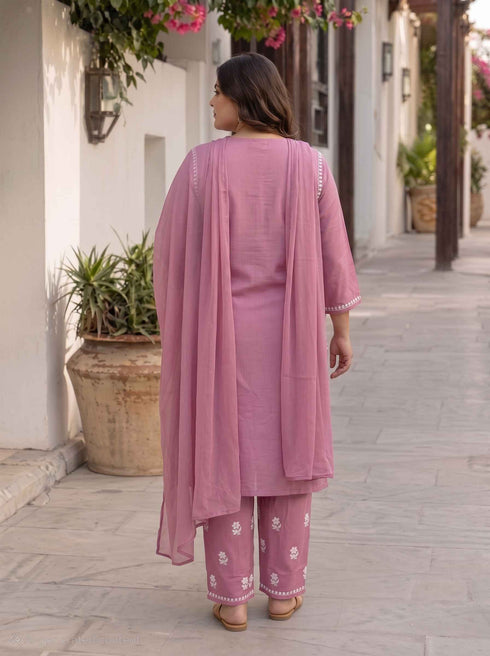 Miravan Womens Plus Size Chikankari Embroidery Pink Straight Kurta And Palazzo With Dupatta Set
