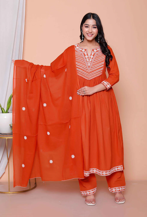 Miravan Womens Floral Embroidered Rust Straight Cotton Kurta and Palazzo with Dupatta Set