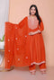Miravan Womens Floral Embroidered Rust Straight Cotton Kurta and Palazzo with Dupatta Set