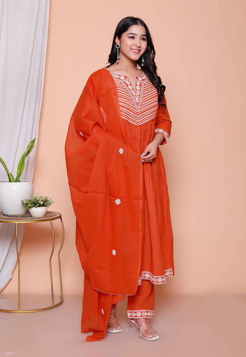 Miravan Womens Floral Embroidered Rust Straight Cotton Kurta and Palazzo with Dupatta Set