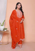 Miravan Womens Floral Embroidered Rust Straight Cotton Kurta and Palazzo with Dupatta Set
