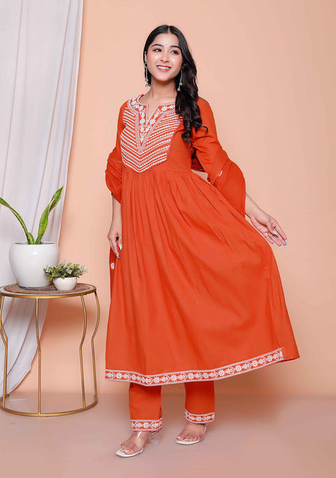 Miravan Womens Floral Embroidered Rust Straight Cotton Kurta and Palazzo with Dupatta Set