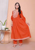Miravan Womens Floral Embroidered Rust Straight Cotton Kurta and Palazzo with Dupatta Set