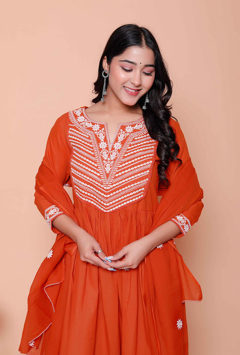 Miravan Womens Floral Embroidered Rust Straight Cotton Kurta and Palazzo with Dupatta Set