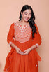 Miravan Womens Floral Embroidered Rust Straight Cotton Kurta and Palazzo with Dupatta Set