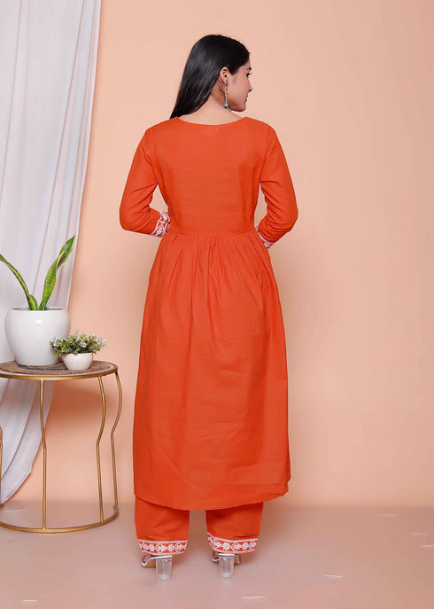 Miravan Womens Floral Embroidered Rust Straight Cotton Kurta and Palazzo with Dupatta Set
