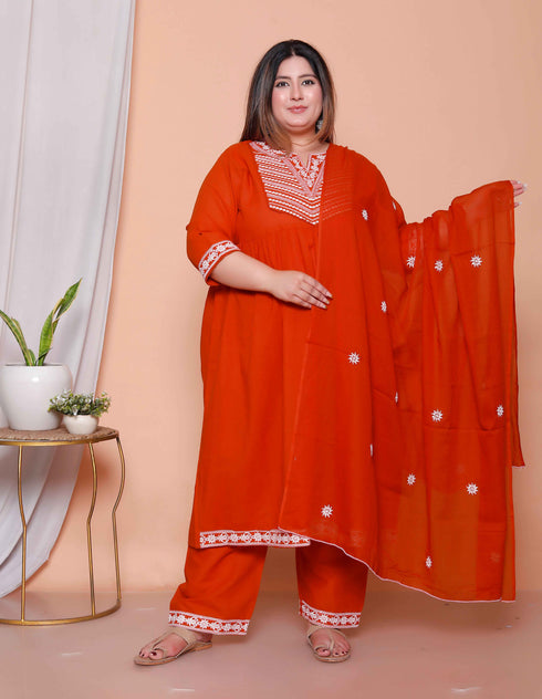 Miravan Womens plus size Floral Embroidered Rust Straight Cotton Kurta and Palazzo with Dupatta Set