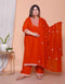 Miravan Womens plus size Floral Embroidered Rust Straight Cotton Kurta and Palazzo with Dupatta Set