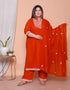 Miravan Womens plus size Floral Embroidered Rust Straight Cotton Kurta and Palazzo with Dupatta Set