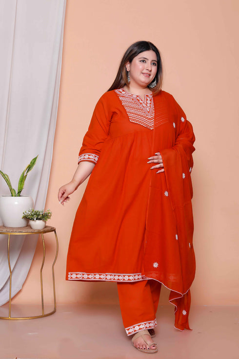 Miravan Womens plus size Floral Embroidered Rust Straight Cotton Kurta and Palazzo with Dupatta Set