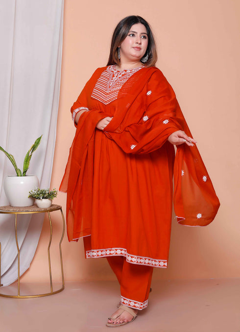 Miravan Womens plus size Floral Embroidered Rust Straight Cotton Kurta and Palazzo with Dupatta Set