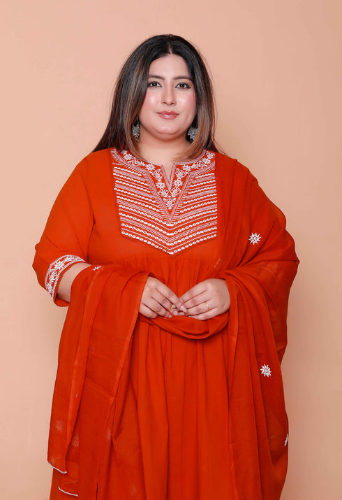 Miravan Womens plus size Floral Embroidered Rust Straight Cotton Kurta and Palazzo with Dupatta Set