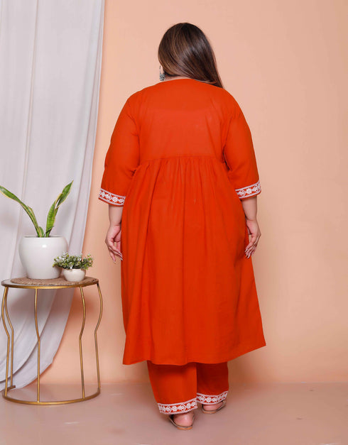Miravan Womens plus size Floral Embroidered Rust Straight Cotton Kurta and Palazzo with Dupatta Set