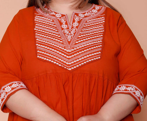 Miravan Womens plus size Floral Embroidered Rust Straight Cotton Kurta and Palazzo with Dupatta Set