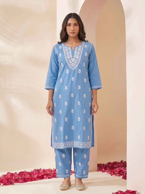 Miravan Womens Blue Embroidered Kurta with palazzo