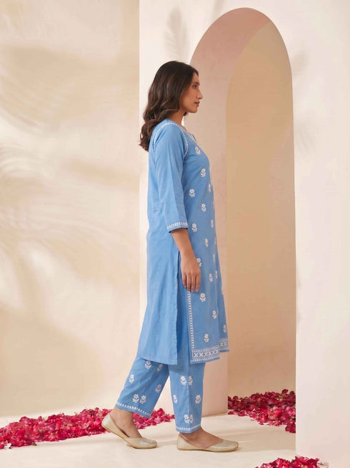 Miravan Womens Blue Embroidered Kurta with palazzo