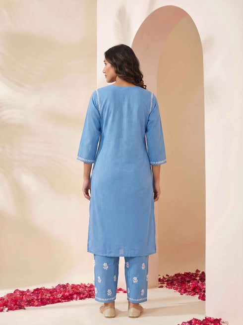 Miravan Womens Blue Embroidered Kurta with palazzo
