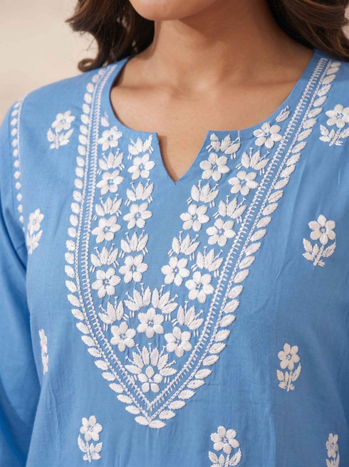 Miravan Womens Blue Embroidered Kurta with palazzo