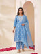 Miravan Womens Blue Embroidered Kurta with palazzo and Dupatta Set
