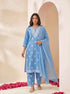 Miravan Womens Blue Embroidered Kurta with palazzo and Dupatta Set