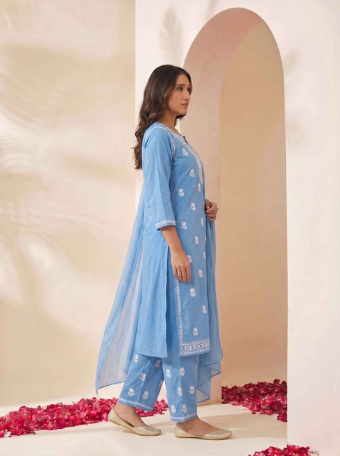 Miravan Womens Blue Embroidered Kurta with palazzo and Dupatta Set