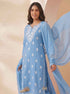 Miravan Womens Blue Embroidered Kurta with palazzo and Dupatta Set