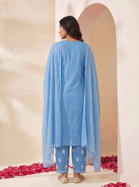 Miravan Womens Blue Embroidered Kurta with palazzo and Dupatta Set