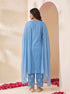 Miravan Womens Blue Embroidered Kurta with palazzo and Dupatta Set